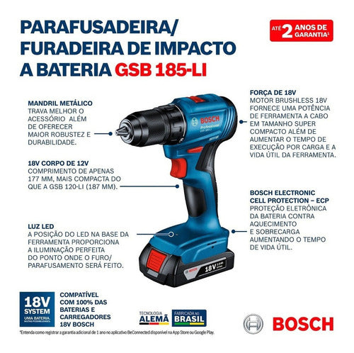 Parafusadeira Bosch 18V GSB 185-LI (com 2 baterias + maleta)